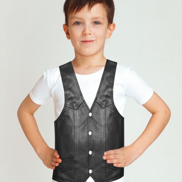 Dream Apparel Kids Motorcycle Genuine Leather Biker Vest Black KD390 - Picture 3 of 4